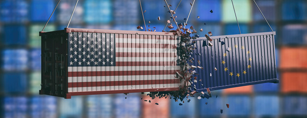 Wall Mural - Europe vs USA trade war. Crushed containers, banner. 3d illustration