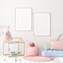 Mock Up Poster In Kids Bedroom Interior Background, Scandinavian Style, 3D Render