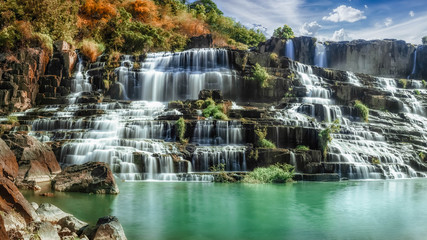  Tropical rainforest landscape with flowing Pongour waterfall in Vietnam. Four images panorama