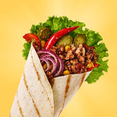 Wall Mural - Mexican tacos with filling beef, jalapeno, onion, pickles and corn. Delicious Tortilla wrap with minced meat, onion, pepper and cucumbers