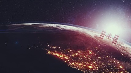 Wall Mural - 3d animation contemporary international space station flies over planet earth with white halo lit by