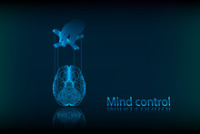 Mind Control. The Concept Of Mind Control, In The Form Of A Human Brain Controlled As A Puppet, On A Dark Blue Background. Vector Graphics.