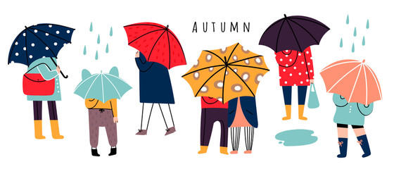 autumn rainy weather. hand drawn various stylish people standing under umbrellas in different clothe