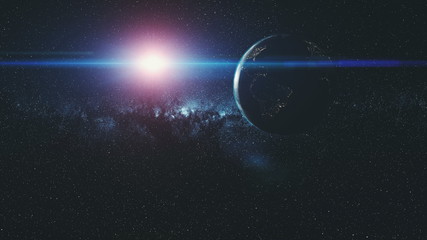 Wall Mural - earth motion moon orbit star galaxy sun beam glow. epic celestial interstellar space satellite view 