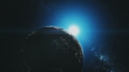 Wall Mural - epic earth rotate sunlight glow starry galaxy. interstellar asteroid deep outer space navigation tra