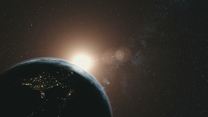 Wall Mural - earth orbit rotation sun beam milky way background. dark outer space starry galaxy cosmos constellat