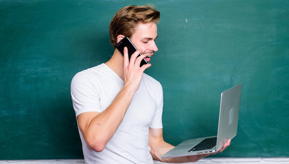 Wall Mural - Digital concept. Online communications. School teacher with laptop. Advantage mobile internet. Handsome man use modern technologies. Digital technology. Digital sciences. Programming web development
