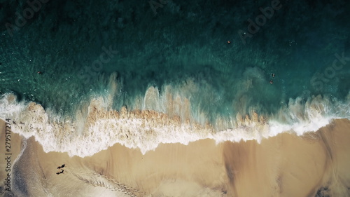 Foto-Schiebegardine mit Schienensystem - Aerial Top Drone View on Ocean Waves and White Sand Beach. Crystal Water Landscape in Tropical Bali Island, Indonesia. People Walk, Swim and Relax. Cinematic Filter Toning (von Goinyk)
