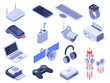 © Tartila - Isometric wireless devices. Computer connect gadgets, wireless connection remote controller and router device 3d vector set