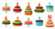 Cartoon Birthday Cake Numbers Candle. Anniversary Candles, Celebration Party Cakes Vector Illustration Set