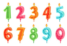 Cartoon Anniversary Numbers Candle. Celebration Cake Candles Burning Lights, Birthday Number And Party Candle Vector Set