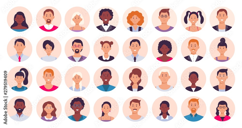 People avatar. Smiling human circle portrait, female and male person round avatars flat icon vector illustration collection - obrazy, fototapety, plakaty 