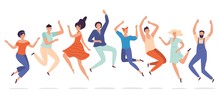 Young People Jump. Jumping Teenagers Group, Happy Teen Laughing Students And Smiling Excited People Flat Vector Illustration