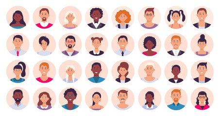 people avatar. smiling human circle portrait, female and male person round avatars flat icon vector 