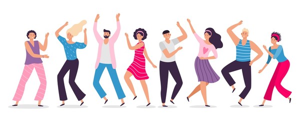 Happy dancing people. Friends dance, club female and male dancers flat vector illustration