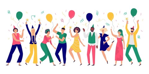 People celebrating. Young men and women dance at celebration party, joyful balloons and confetti vector illustration