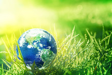 Global Earth In Sun Light On Green Grass With Rain Drops On The Grass, Earth And Water Concept, Elements Of This Image Furnished By NASA