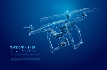 abstract line and point drone. drone flying with action video camera on dark blue. polygonal low pol