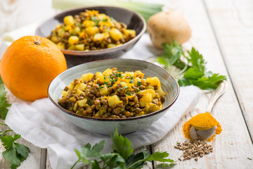 Canvas Print - potatoes and lentils salad with turmeric fennel seed and orange grated peel