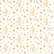 Oat Pattern Vector. Seamless Pattern With Oat Flakes On White Background. Hand Drawn Illustration. Spikes And Grains Of Oats, Glass With Oat Milk, Carton Box And Glass Jar Of Milk.