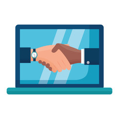 Sticker - handshake people laptop computer flat design