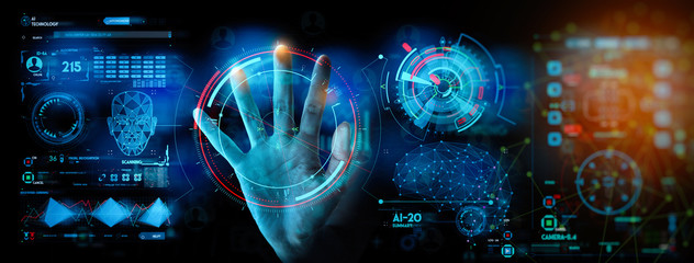 Businesswoman Hand touching UI for Unlocking with face identification. Facial recognition concept.