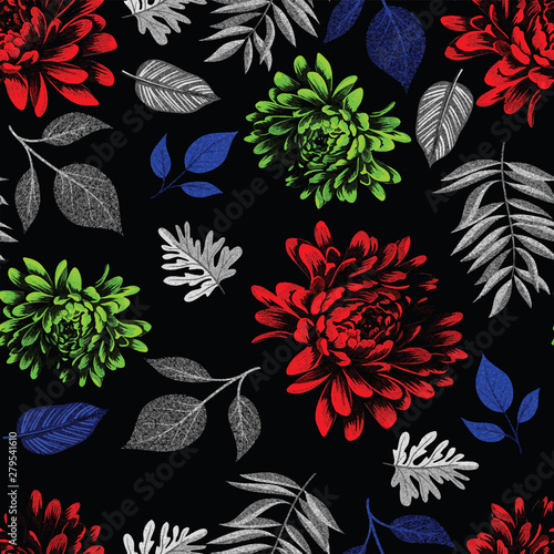 hand draw seamless pattern flower with leaves colored
