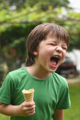 Wall Mural - Angry boy. Little boy eating ice cream. Boy screams and eats ice cream