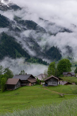 Wall Mural - Grindelwald village in cloudy Alps valley, Switzerland