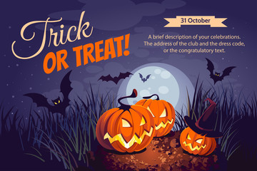 Halloween illustration. Horizontal banner with pumpkins on night background. Autumn landscape.