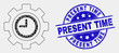 © Evgeny - Dot clock settings gear mosaic icon and Present Time seal. Blue vector rounded scratched seal with Present Time message. Vector collage in flat style.