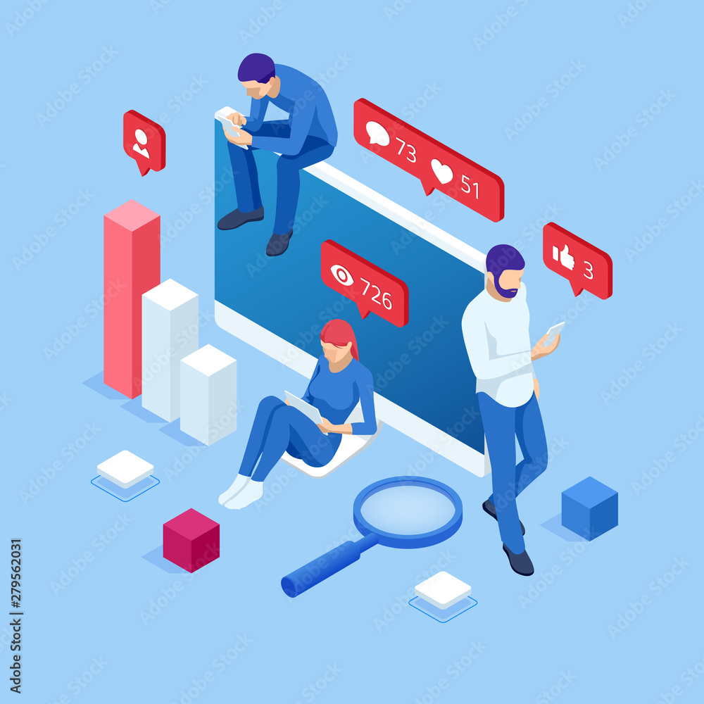 Isometric thumbs up like social network concept. Blogging, online messaging, social networking services. Young people using mobile gadgets such as laptop, tablet pc, smartphone for social networking - obrazy, fototapety, plakaty 