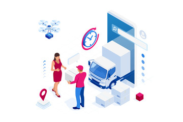 Wall Mural - Isometric Logistics and Delivery concept. Delivery home and office. City logistics. Warehouse, truck, forklift, courier, drone and delivery man.