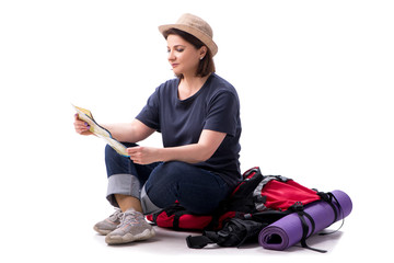 Wall Mural - Aged female tourist isolated on white