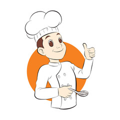 cute chef show thumb finger and hold a spoon. vector illustration isolated cartoon hand drawn background.