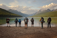 Group Of Hikers Ready To Hike Around Bowman Lake In Montana, Glacier National Park