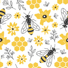Seamless Pattern With Bees And Flowers.