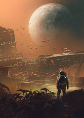 astronaut looking at futuristic city in the planet, digital art style, illustration painting
