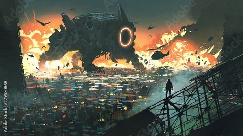 Photographie sci-fi scene of the creature machine invading city, digital art style, illustrat