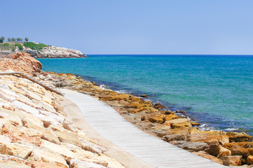 Wall Mural - Beautiful coastal line and beaches of Salou, Catalunya, Spain. Vacation background. Travel concept.