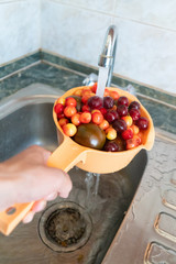 Wall Mural - hand holding a colander with fresh fruit and berries and washing it in the kitchen with water