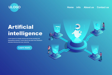 Artificial intelligence landing page concept. Isometric humans teamwork on futuristic laboratory with high technology robot. Business and financial strategy for successfully.