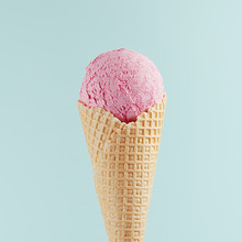 Flavor Pink Ice Cream In Crisp Waffle Cone On Soft Light Pastel Green Background, Square, Closeup, Top.