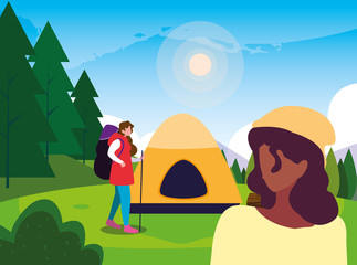 Poster - women hiking camp tent forest