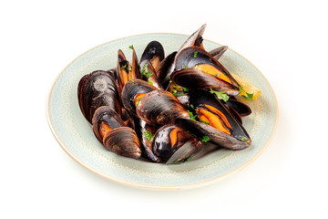 Wall Mural - Marinara mussels, moules mariniere, on a white background