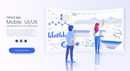 Aufkleber - People interacting with admin panel  charts and analyzing statistics. Data visualization concept. Landing page template concept. Business infographic template. 3D isometric vector illustration.