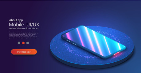 Poster - 3D realistic template of an imaginary phone with the neon reflection on the screen. Perspective view of the smartphone on the podium. The layout of the device. Presentation of the interface design.