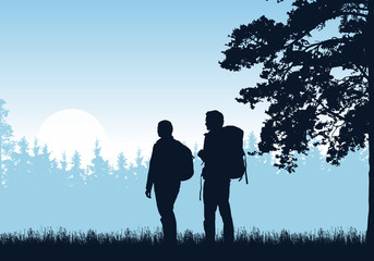 Wall Mural - Realistic illustration of standing two tourist, man and woman with backpack, grass and high tree. Forest under blue sky with sunrise or sunset. With space for text, vector