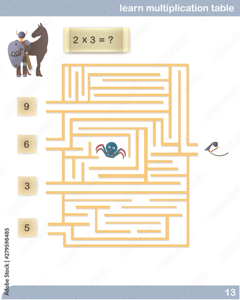 Learn multiplication table. Labyrinth. Viking Adventure. Vector ...