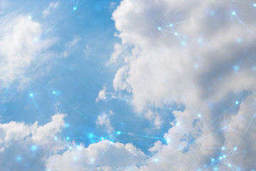 social network, sky backround, futuristic technology, data deep learning, binary ai robotic system, 